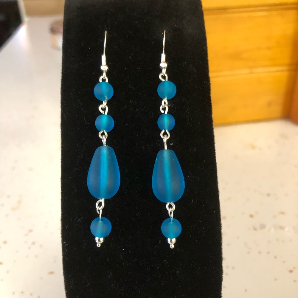 Handmade Sterling Silver - 925, Aqua Blue Cultured Sea Glass Earrings